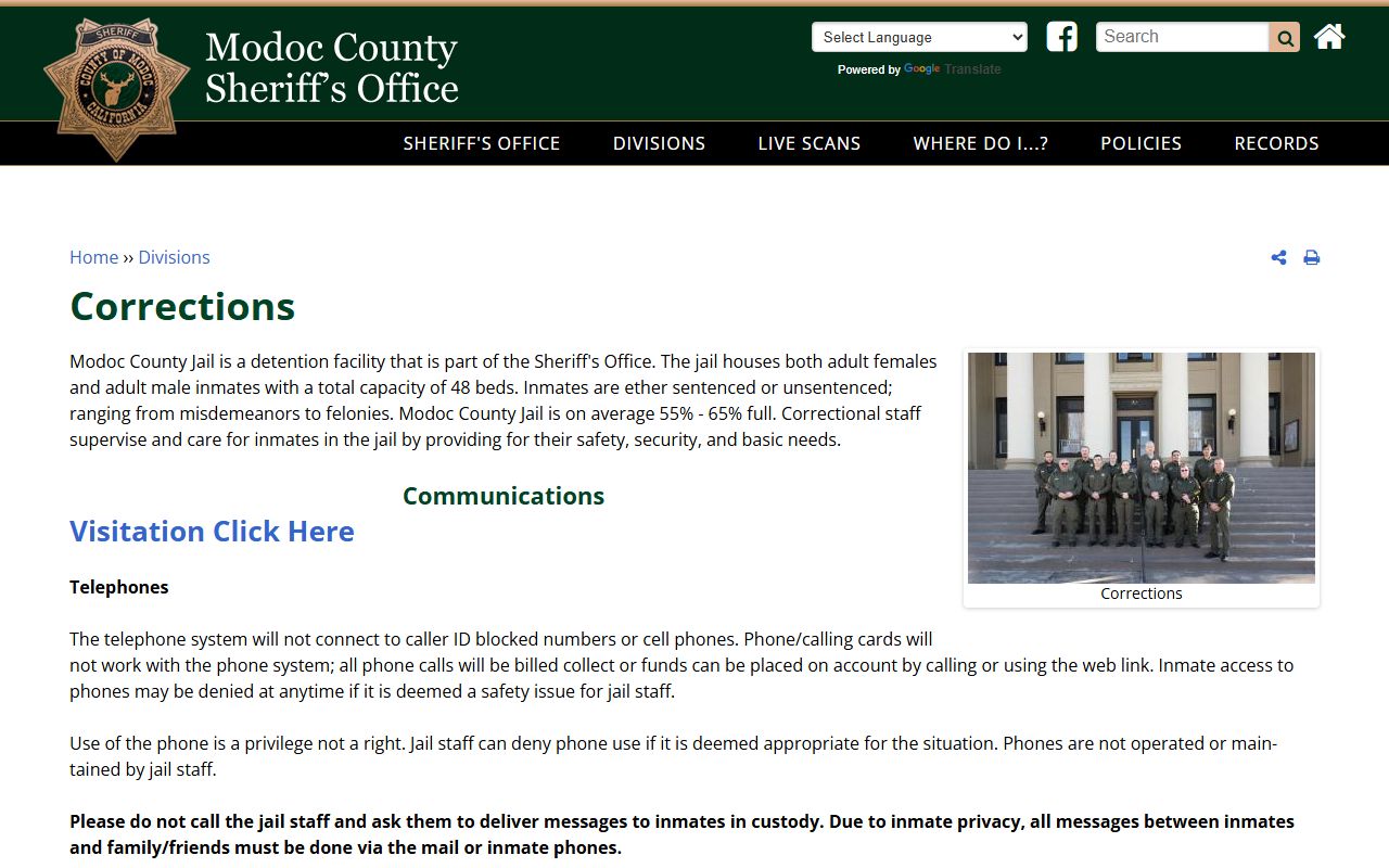 Modoc County Jail inmate lookup corrections page