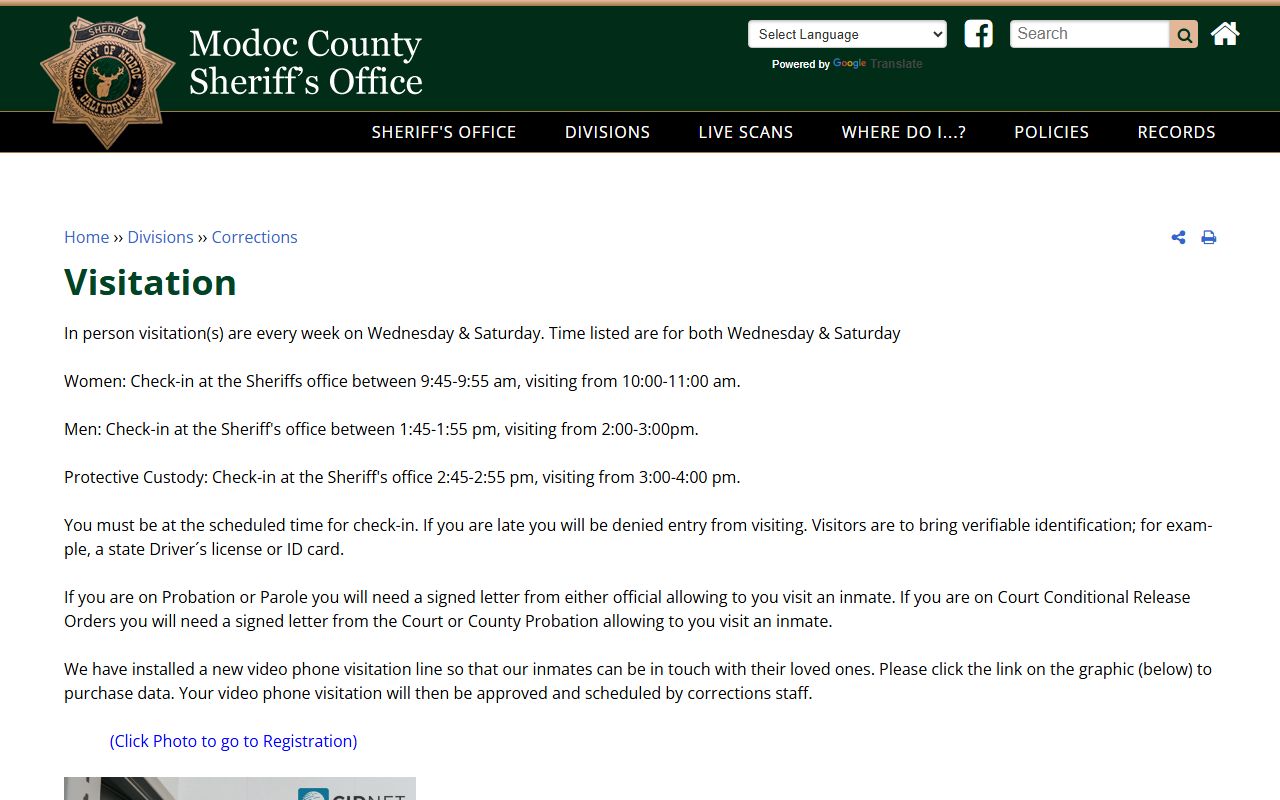 Modoc County jail inmate records visitation schedule