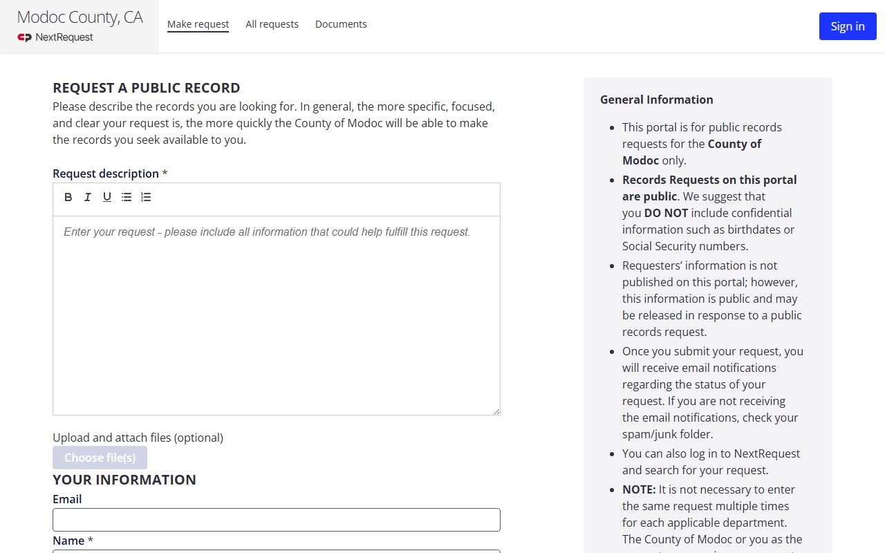 Modoc County booking photo records request NextRequest form
