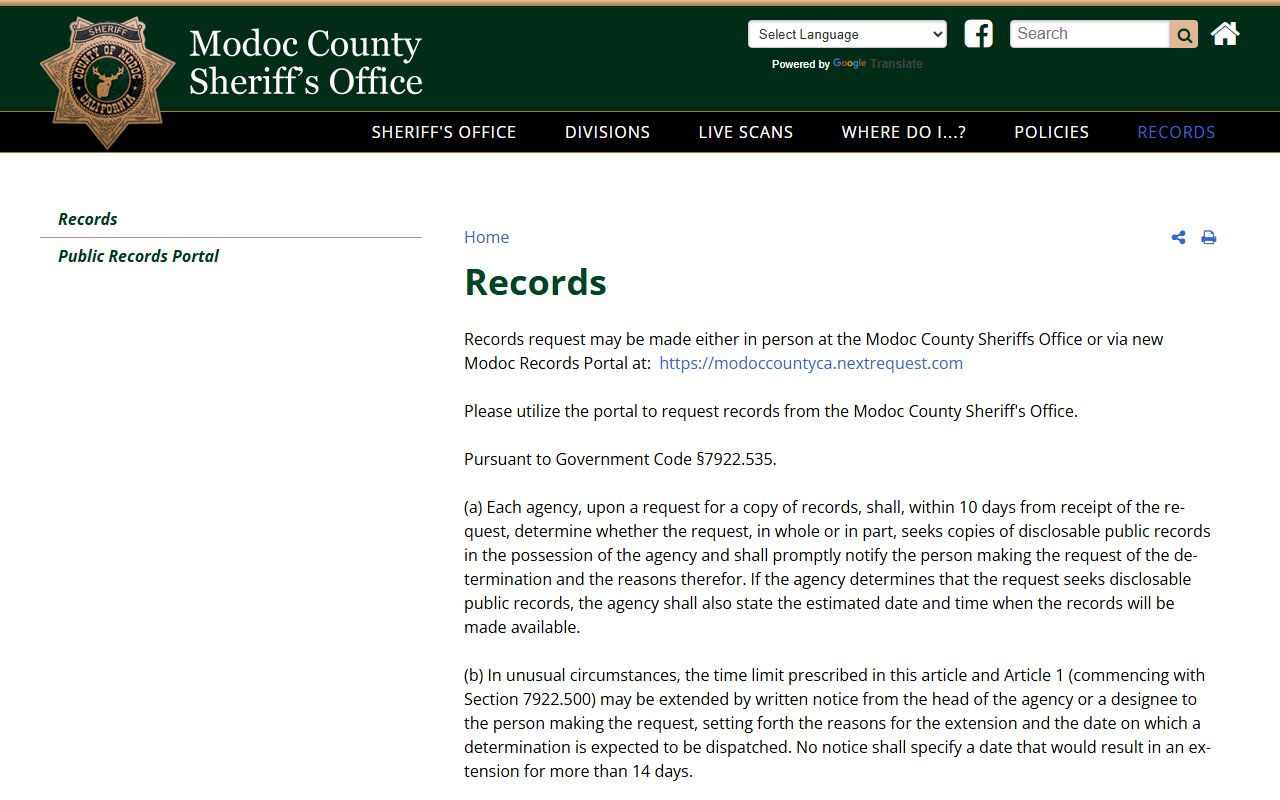 Modoc County inmate records sheriff records page and NextRequest portal